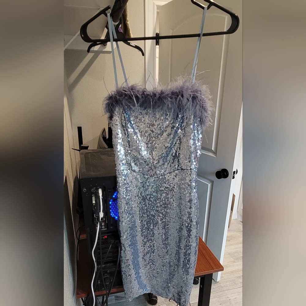 Feather trim short dress